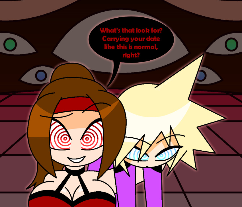 alternate_costume blonde_hair breasts brown_hair carrying cleavage clothed cloud_strife dialogue dress english_text femsub final_fantasy final_fantasy_vii happy_trance hypnoscream jessie_rasberry large_breasts looking_at_viewer malesub smile speech_bubble spiralwash_eyes square_enix text