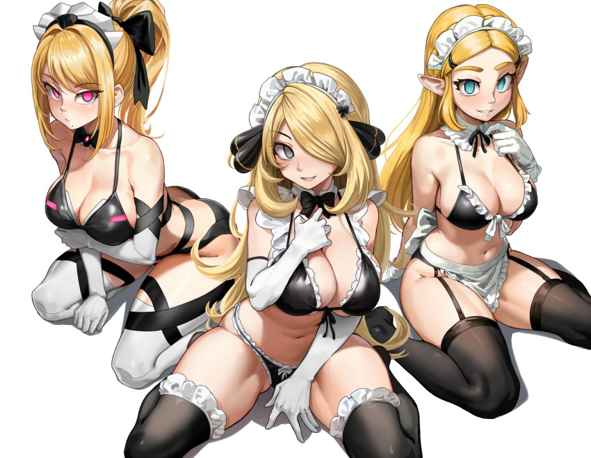 bikini blonde_hair bow_tie breasts breath_of_the_wild cleavage cynthia elf_ears female_only femsub frills gloves glowing_eyes green_eyes grey_eyes hair_covering_one_eye happy_trance kneeling lazgm long_hair maid maid_headdress metroid_(series) mole multiple_girls multiple_subs navel nintendo opera_gloves pokemon pokemon_diamond_pearl_and_platinum ponytail princess princess_zelda samus_aran smile the_legend_of_zelda thighhighs white_background