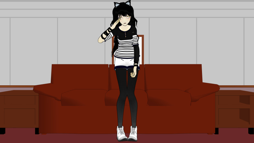 3d airmotor alternate_costume arm_warmers bike_shorts black_hair blake_belladonna bracelet clothed couch eye_roll female_only femsub knees_together limp long_hair mmd rwby saluting shirt shoes shorts standing t-shirt tights unfocused_eyes yellow_eyes