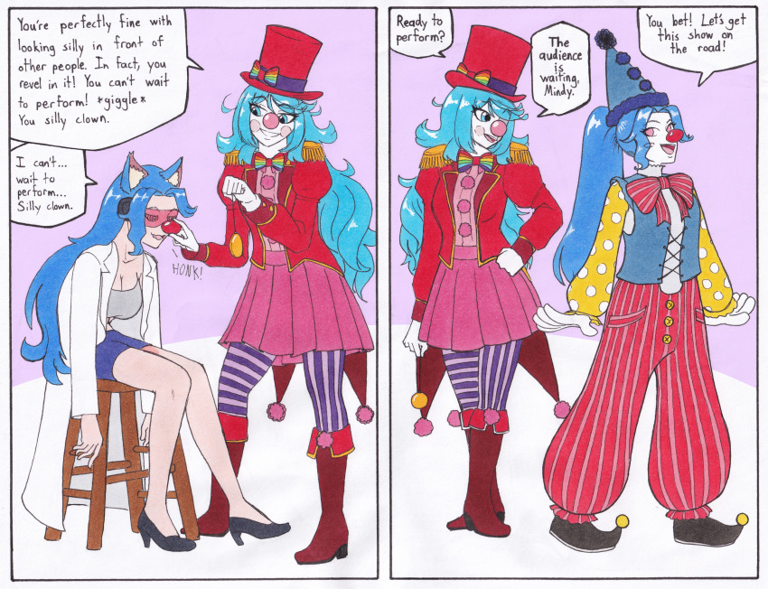 before_and_after blue_eyes blue_hair boots border breasts chair cleavage clothed clown clown_girl clownification coat comic dialogue empty_eyes english_text epaulettes eyebrows_visible_through_hair female_only femdom femsub gloves happy_trance hat high_heels jesturia lab_coat limp long_hair mindy_(julieeditor) multiple_girls original pink_eyes pocket_watch ponytail sasha_smiles shoes sitting skirt smile speech_bubble spiralwash_eyes tagme text thighhighs traditional transformation visor white_skin