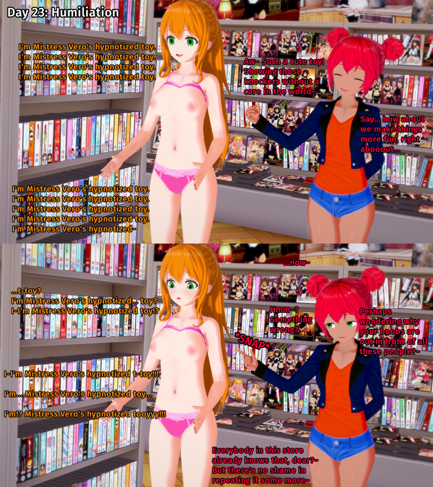 3d aware bra dialogue empty_eyes english_text exhibitionism female_only femdom femsub finger_snap freckles green_eyes hailey_(liz_b) happy_trance hypnovember koikatsu! latina lipstick liz_b mantra orange_hair original panties ponytail red_hair text veronica_(liz_b)