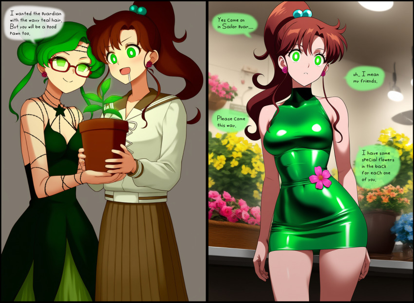 ai_art corruption cx9000_(generator) drool female_only femdom femsub glowing latex plant sailor_jupiter sailor_moon_(series) speech_bubble tellu_(sailor_moon) yuri