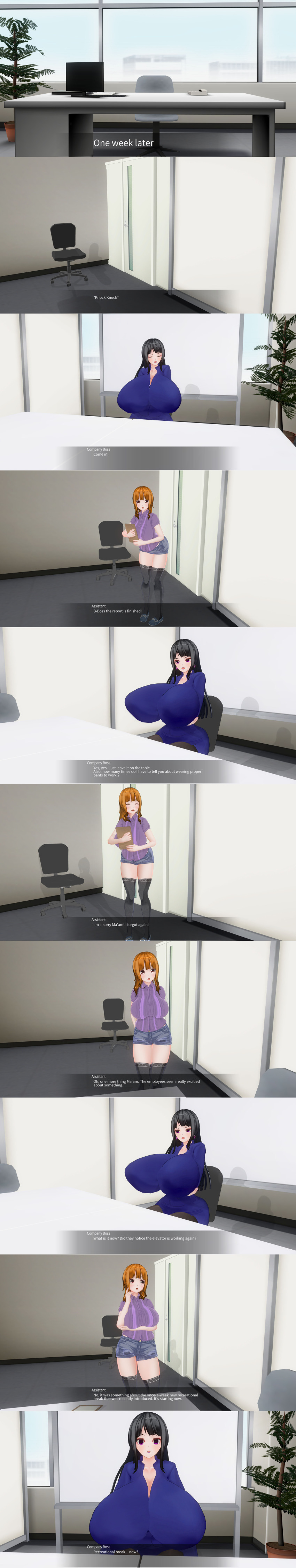 absurdres accidental_hypnosis black_hair business_suit calusteri closed_eyes clothed dialogue empty_eyes english_text expressionless female_only femsub huge_breasts jean_shorts jeans long_hair multiple_girls office office_lady orange_eyes orange_hair original purple_eyes short_hair shorts text trigger