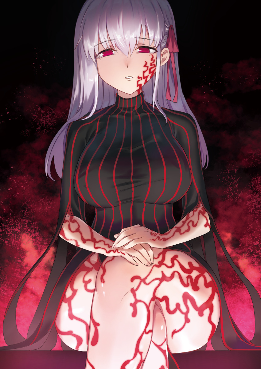 absurdres angra_mainyu bare_legs body_markings breasts corruption crossed_legs dark_sakura empty_eyes eye_color_change facial_markings fate/stay_night fate/stay_night_heaven&#039;s_feel fate_(series) femsub hair_color_change legs long_hair monane4 possession red_eyes sakura_matou sitting thighs white_hair