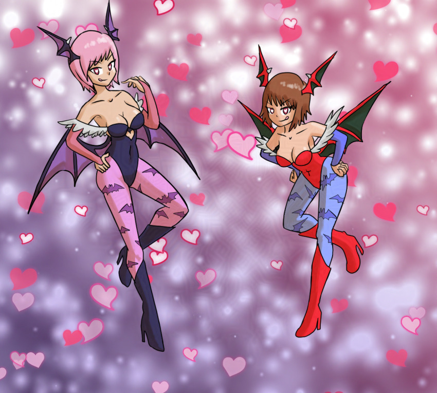 aged_up alternate_costume bandai_namco bare_shoulders boots breasts brown_hair capcom cleavage clothed corruption cosplay costume crossover darkstalkers estellise_sidos_heurassein eye_color_change female_only femsub hand_on_hip heart heart_eyes high_heels horns lilith_aensland looking_at_viewer morrigan_aensland mythkaz naughty_smile pink_hair rita_mordio short_hair smile succubus symbol symbol_in_eyes tales_of_(series) tales_of_vesperia thigh_boots thighs tongue tongue_out transformation wings