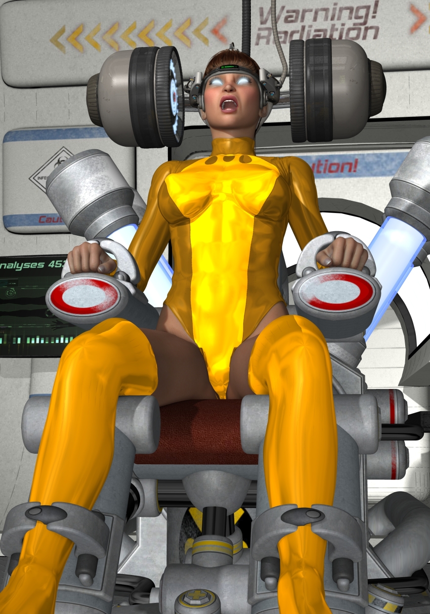 3d bondage boots breasts chair champion_(mndlessentertainment) corruption daz_studio femsub glowing_eyes headband helmet leotard lipstick mndlessentertainment monitor open_mouth original pink_lipstick sitting super_hero tech_control thighhighs tied_hair