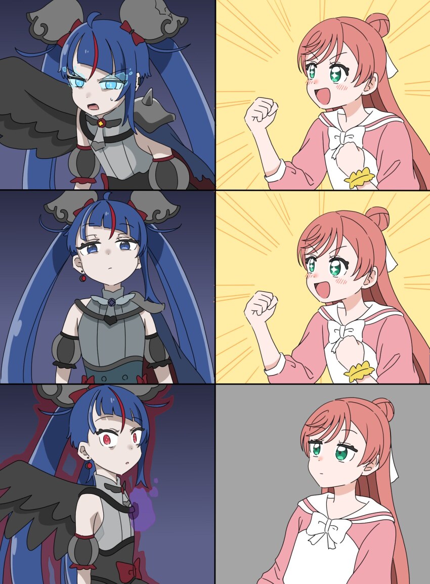 alternate_costume alternate_hair_color aura bare_shoulders blue_eyes blue_hair blush bow comic corruption cure_sky dark_cure_sky dark_sky earrings expressionless femsub glowing glowing_eyes green_eyes hirogaru_sky!_precure long_hair looking_at_viewer maledom meme miyakuma multiple_persona nijigaoka_mashiro open_mouth orange_hair possession precure red_eyes skearhead smile sora_harewataru sparkle sweat symbol_in_eyes twintails unhappy_trance wings