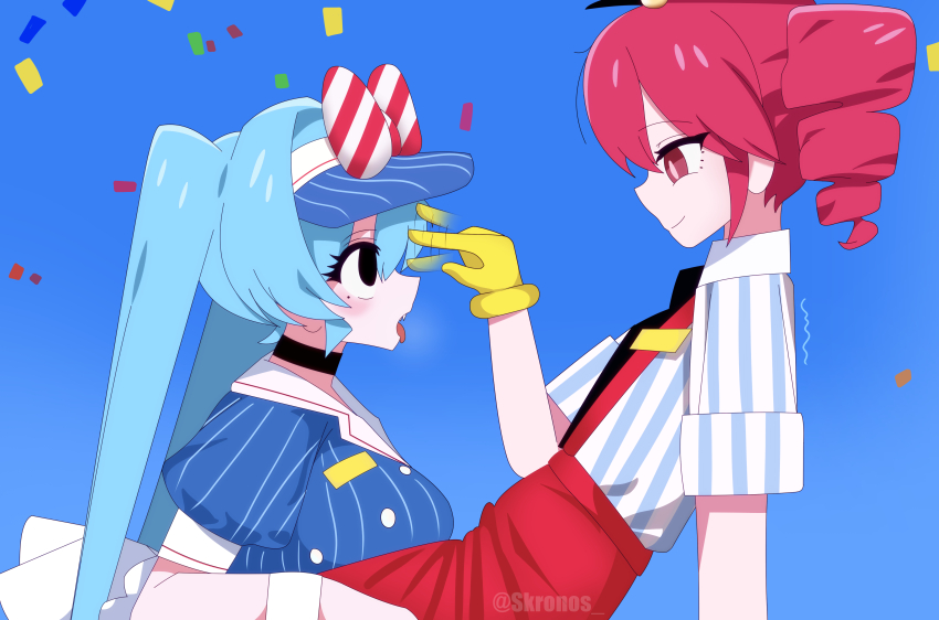 absurdres black_eyes blue_hair bow breath choker clothed drill_hair empty_eyes female_only femdom femsub gloves gradient_background hat hypnotic_fingers kronobas28 mesmerizer_(vocaloid) miku_hatsune open_mouth red_eyes red_hair shirt short_hair simple_background sitting smile suspenders teto_kasane tongue twintails uniform very_long_hair vocaloid yuri