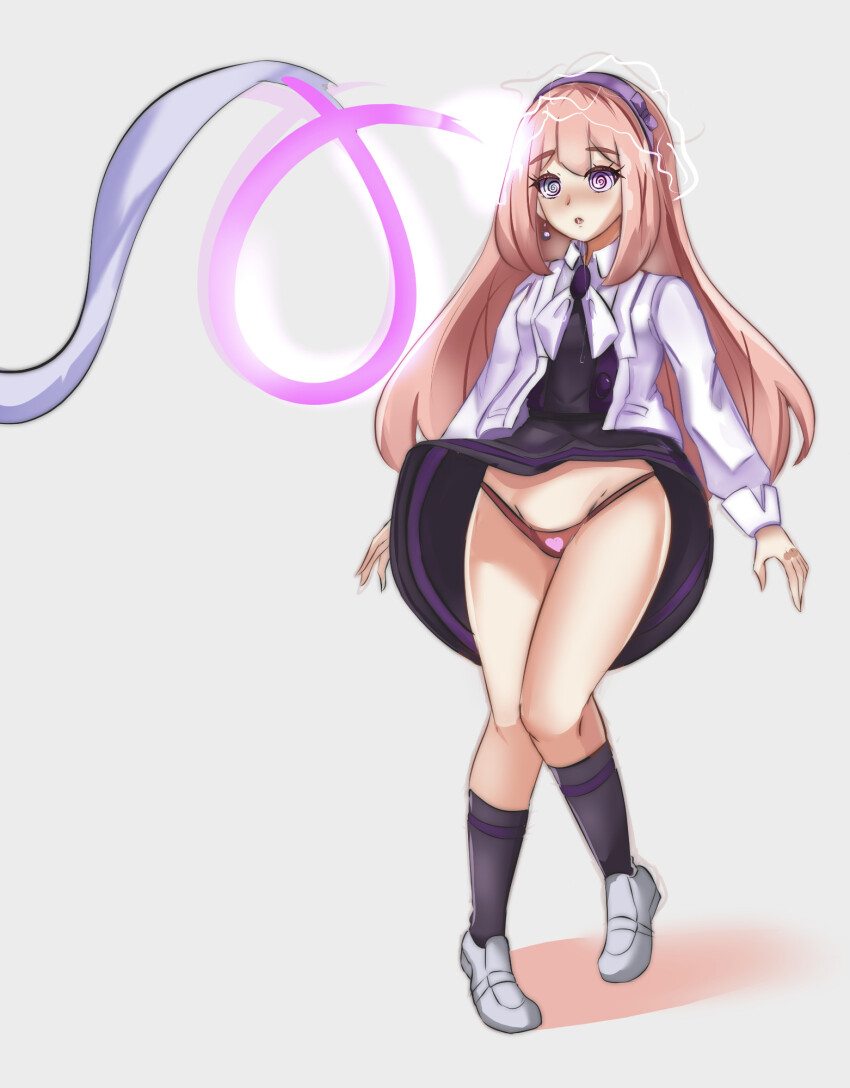 blush bow_tie character_request crossed_legs dress_shirt drool earrings electricity female_only femsub hair_band hypnotic_tentacle legs legs_up long_hair malamar mega_malamar nintendo open_mouth panties platinum_blonde_hair pokemon pokemon_(creature) pokemon_legends_z-a pokemon_x_and_y red_eyes shoes simple_background skirt skirt_lift smeef socks solo spiralwash_eyes standing t-shirt white_background wide_hips