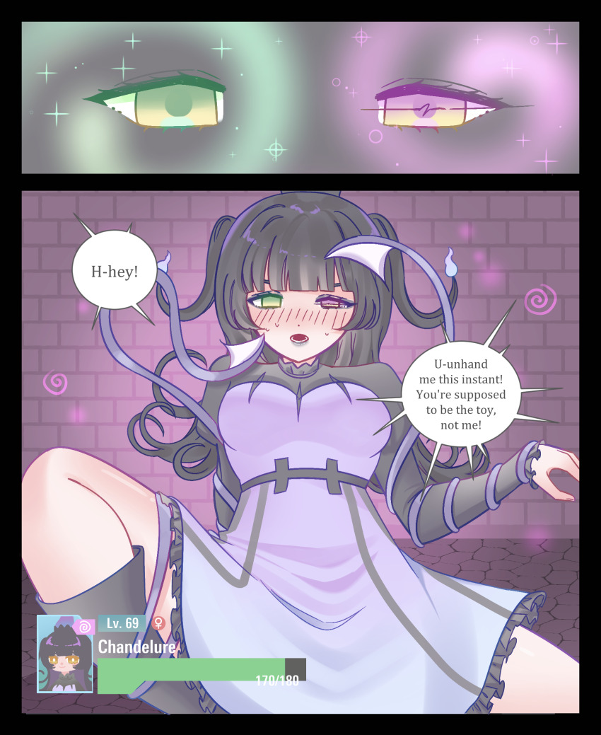 black_hair chandelure comic dialogue dress empty_eyes english_text femsub gameplay_mechanics glowing goth green_eyes health_bar lipstick malamar missmilkou multicolored_eyes nintendo original personification pink_eyes pokemon sitting text