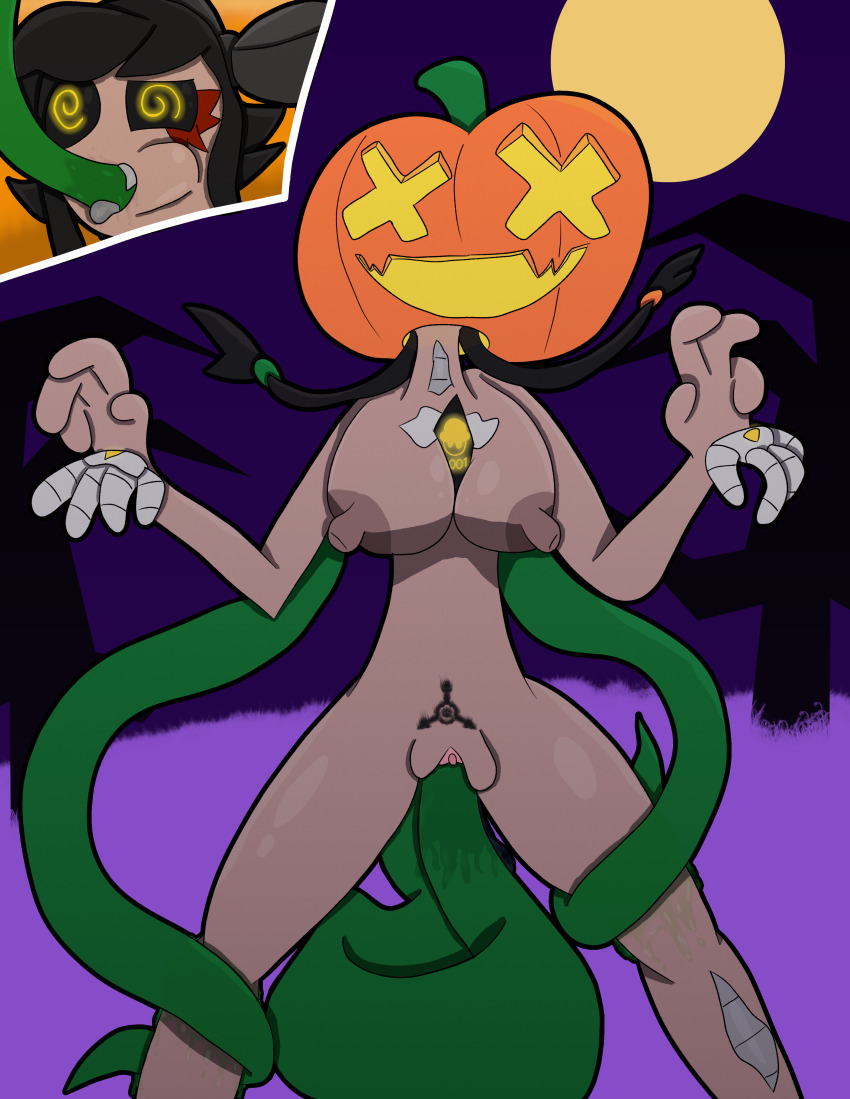 black_hair breasts cyn_(murder_drones) halloween jack_o&#039;_lantern murder_drones nude pubic_hair pumpkin pussy spiral_eyes tcross tentacle_sex tentacles