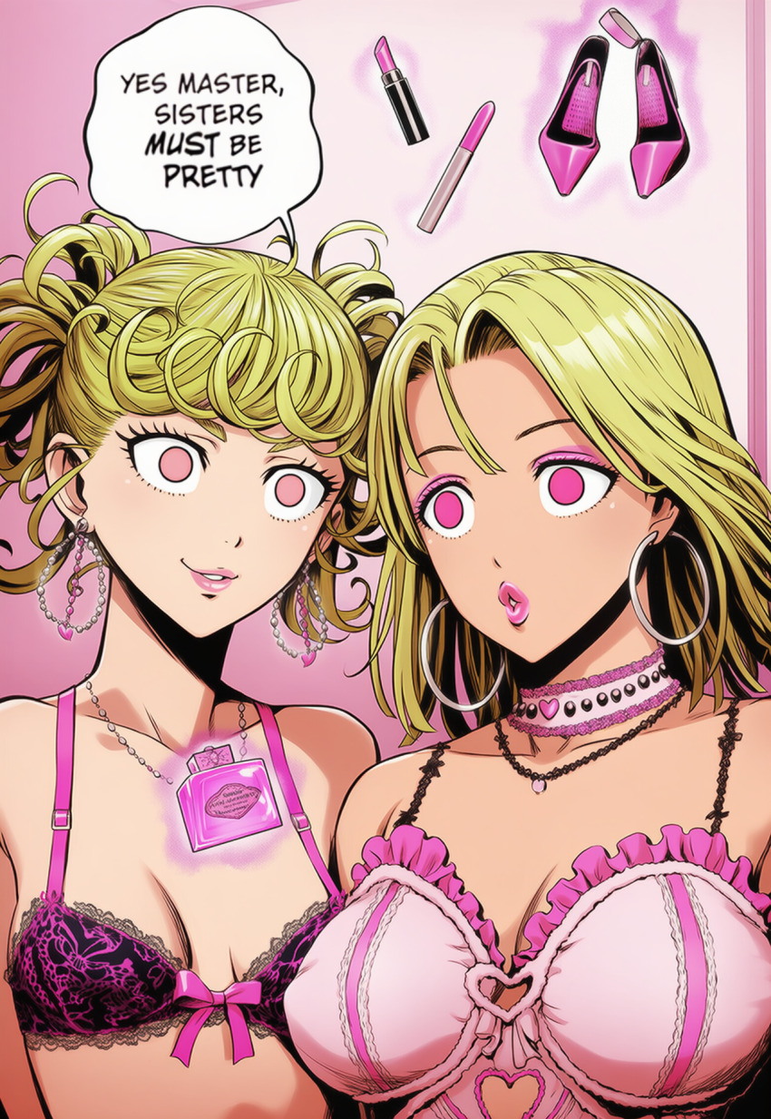 ai_art bimbofication blonde_hair choker domestication earrings empty_eyes eyeshadow femsub fubuki_(one_punch_man) hellsing002_(generator) high_heels lingerie makeup necklace one_punch_man pink_eyes pink_lipstick smile speech_bubble tatsumaki_(one_punch_man) text