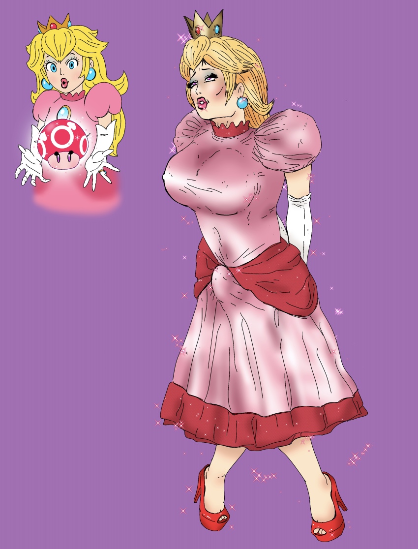 absurdres before_and_after bimbofication blonde_hair blue_eyes breast_expansion brown_hair bulge clothed crown dress earrings erect_nipples erect_nipples_under_clothes erection erection_under_clothes eyeshadow gloves lipstick makeup maxineheels mushroom nintendo nipples open_mouth pink_eyes princess princess_peach simple_background super_mario_bros. transformation transgender western wig