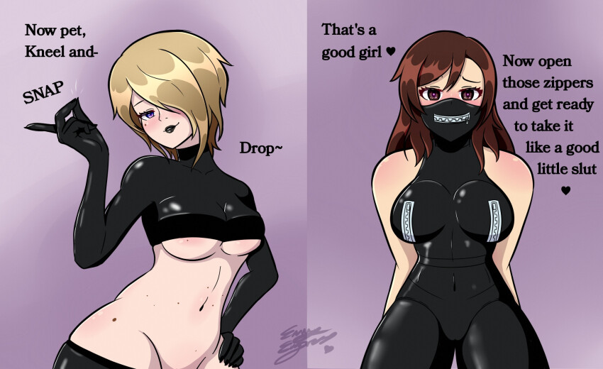 black_lipstick blonde_hair brown_eyes brown_hair dialogue empress-mc empress_(empress-mc) female_only femdom femsub finger_snap gloves hair_covering_one_eye hand_on_hip heart latex lipstick long_hair looking_at_viewer makeup midriff mole multiple_views navel nina_(ninapowa) original purple_eyes red_eyes short_hair signature simple_background text underboob yuri zipper