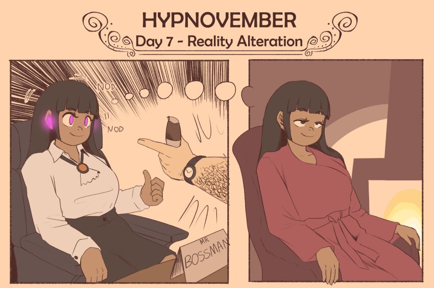 black_hair chair cigar eyebrows_visible_through_hair eyelashes femsub glowing_eyes happy_trance humor hypnotic_audio hypnovember jewelry mary_mavys_(pstash) original pstash purple_eyes robe thought_bubble