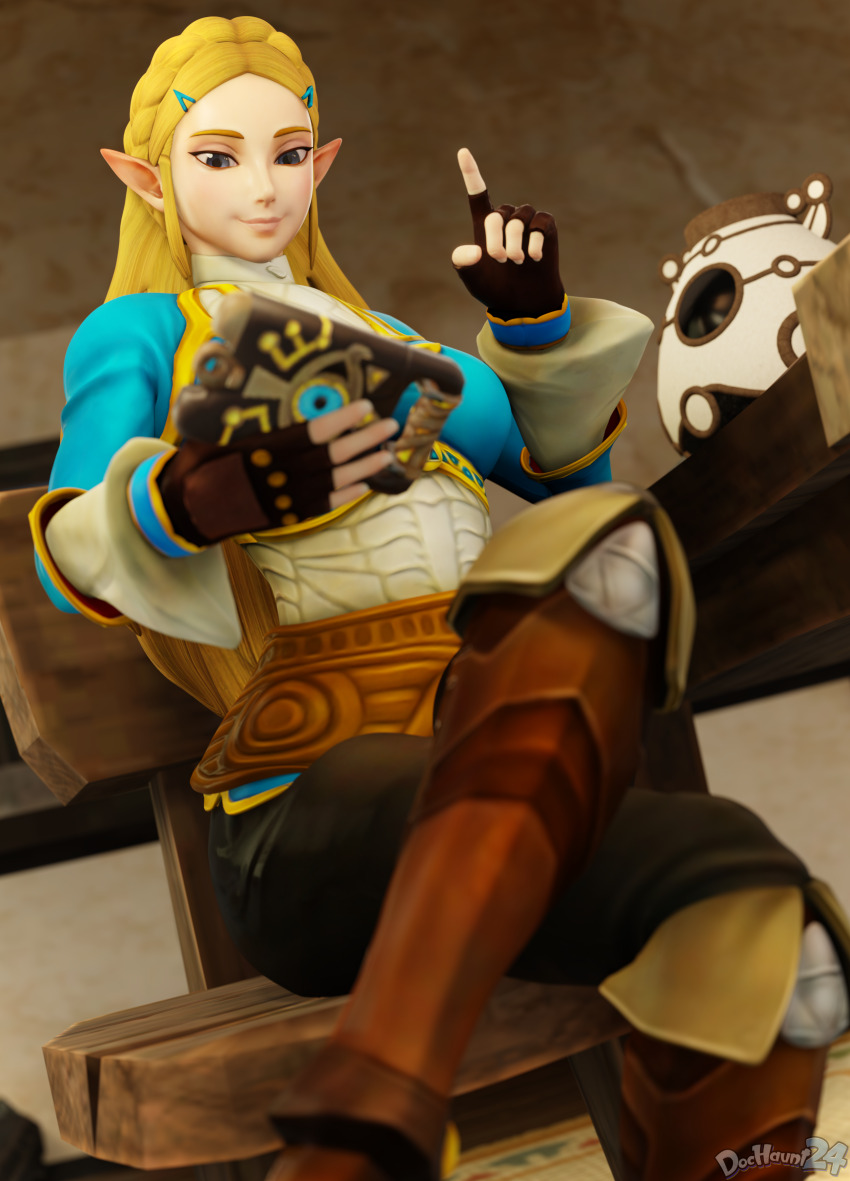 3d absurdres age_of_calamity blonde_hair blue_eyes boots breath_of_the_wild chair clothed crossed_legs dochaunt elf_ears female_only fingerless_gloves gloves long_hair nintendo princess princess_zelda sitting terrako the_legend_of_zelda watermark