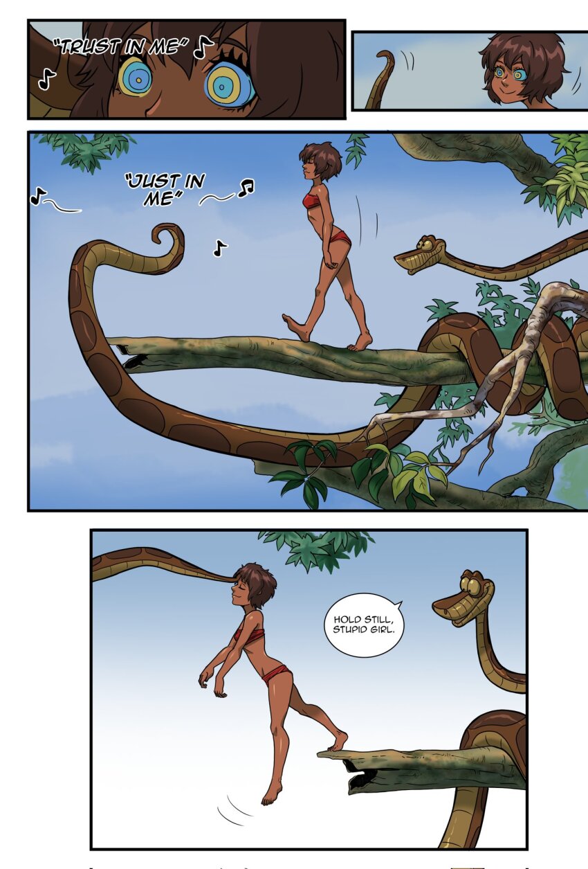 caption closed_eyes coils comic dark_skin disney ewder femsub genderswap happy_trance hypnotized_walking kaa kaa_eyes maledom mowgli singing snake text the_jungle_book