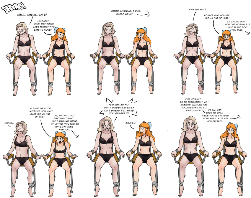 angry barefoot blonde_hair chair comic dialogue female_only red_hair resisting restrained ribbon simple_background text tragicsolitudedragon underwear