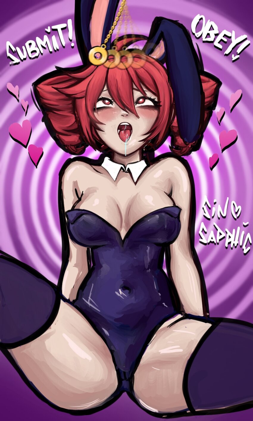 bare_shoulders blush breasts bunny_ears bunny_girl bunnysuit cleavage dialogue drool english_text female_only femsub heart navel pendulum red_eyes red_hair sinsapphic sitting solo spiral spiral_background symbol teto_kasane text thighhighs thighs tight_clothing vocaloid