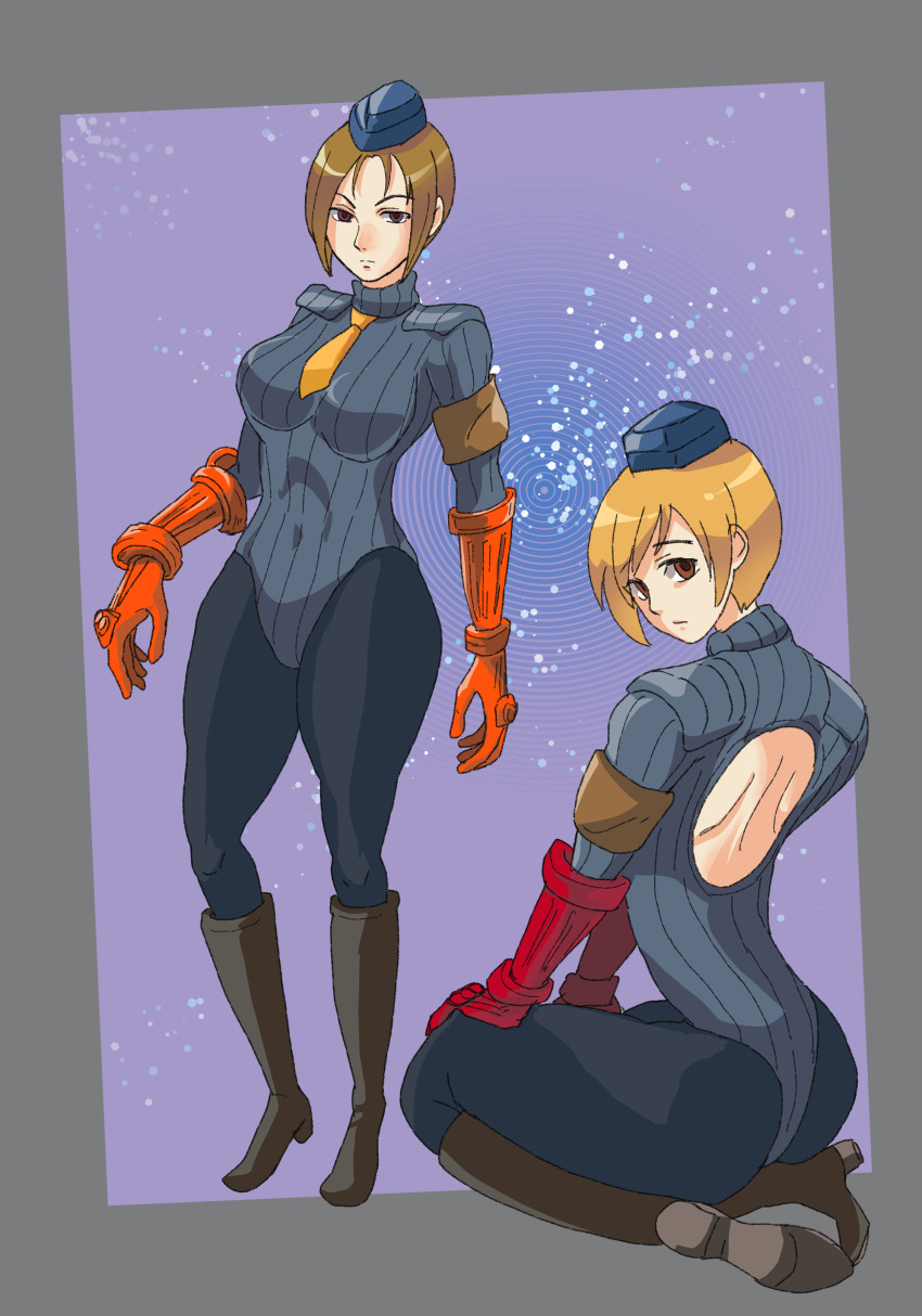 arm_bands ass bangs bardothodol boots brown_eyes brown_hair capcom empty_eyes expressionless female_only femsub gloves grey_background hat high_heels juli juni large_breasts leotard looking_at_viewer looking_back multiple_girls multiple_subs orange_hair pantyhose shadaloo_dolls short_hair shoulder_pads simple_background street_fighter tie wide_hips