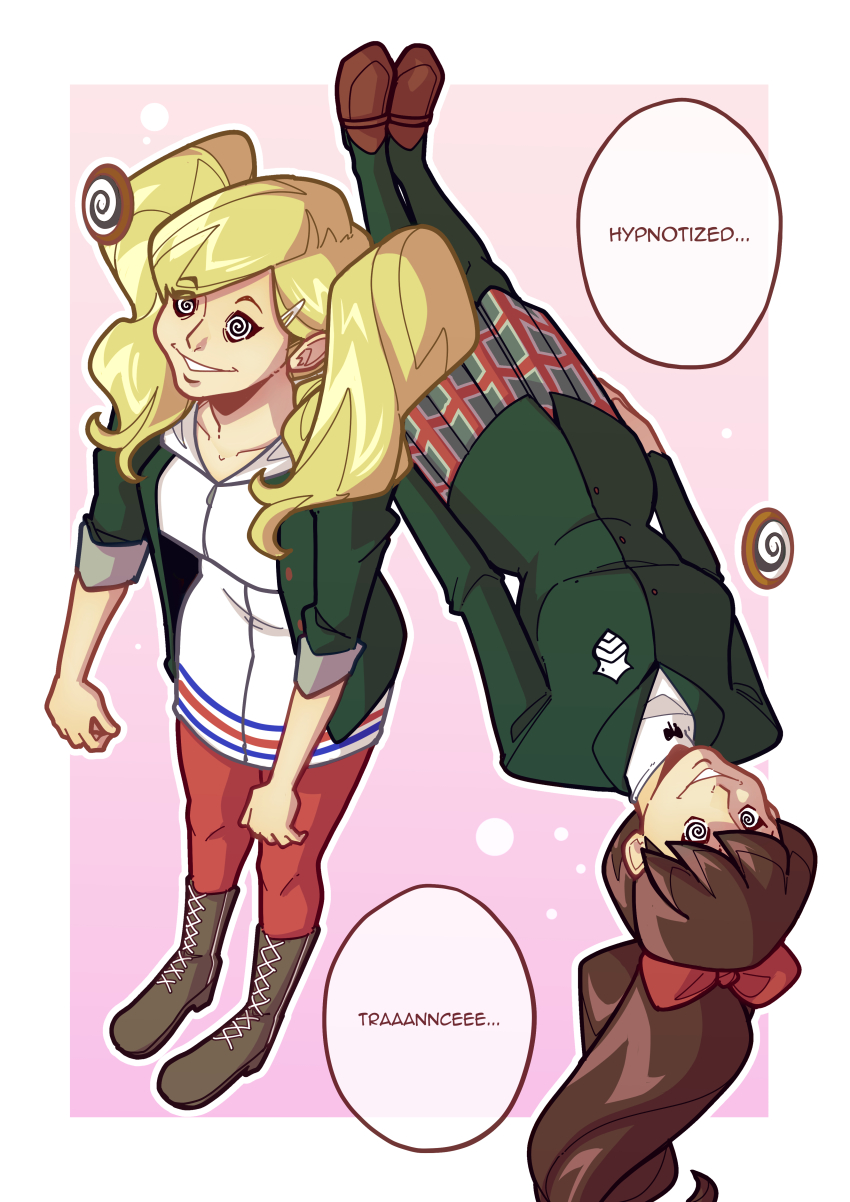 ann_takamaki blonde_hair brown_hair catalepsy dialogue efalabrino happy_trance hypnotic_accessory kasumi_yoshizawa levitation pendulum persona_(series) persona_5 persona_5_royal ponytail ribbon slouching spiral_eyes sumire_yoshizawa twintails