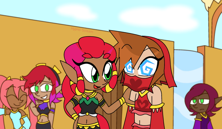 alternate_costume bare_shoulders breasts breath_of_the_wild brown_hair closed_eyes clothed crossdressing crossover dark_skin disney elf_ears femdom gerudo green_eyes hand_on_hip hypnoscream kingdom_hearts long_hair makeela_riju malesub midriff multicolored_hair navel nintendo outdoors pink_hair purple_hair red_hair short_hair smile sora spiralwash_eyes square_enix tears_of_the_kingdom the_legend_of_zelda twintails veil