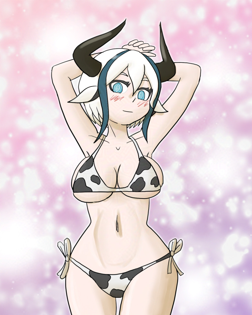 armpits arms_above_head bare_legs beaucy_(world_flipper) bikini bikini_bottom bikini_top blue_eyes blue_hair blush breasts character_request collarbone cow_girl cow_print female_only femsub hand_on_head happy_trance horns looking_at_viewer mythkaz navel pink_background posing short_hair simple_background smile spiral_eyes standing symbol_in_eyes white_hair world_flipper