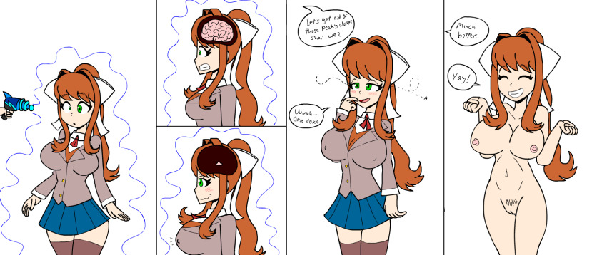 bimbofication bottomless brain brain_drain breast_expansion breasts comic doki_doki_literature_club droidmaster3000 erect_nipples female_only femsub happy_trance hypnotic_beam hypnotic_gun lobotomy long_hair monika nude pubic_hair raygun skirt text topless white_background x-ray