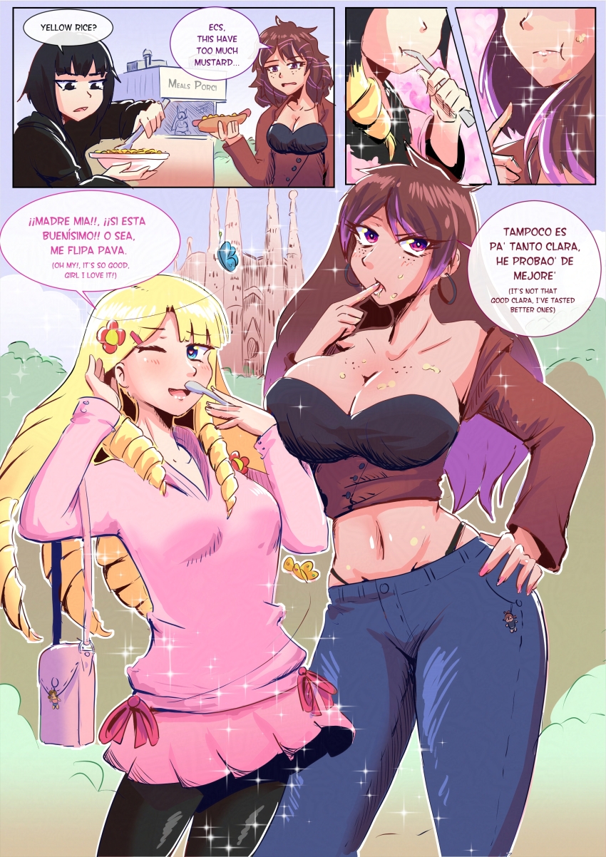 absurdres bare_shoulders black_hair blonde_hair blue_eyes blush clare_(erasethismail) cleavage clothed complex_background dialogue drill_hair earrings english_text eye_color_change femsub flower flower_in_hair food freckles hair_color_change hair_growth heart_eyes hoodie hypnotic_food jewelry language_change long_hair midriff mporci_tsf multicolored_hair multiple_girls multiple_subs navel one_eye_open original pants pantyhose purple_eyes short_skirt skirt spanish_text sparkle speech_bubble symbol_in_eyes taboogem_(character) text tongue tongue_out transformation translation_request
