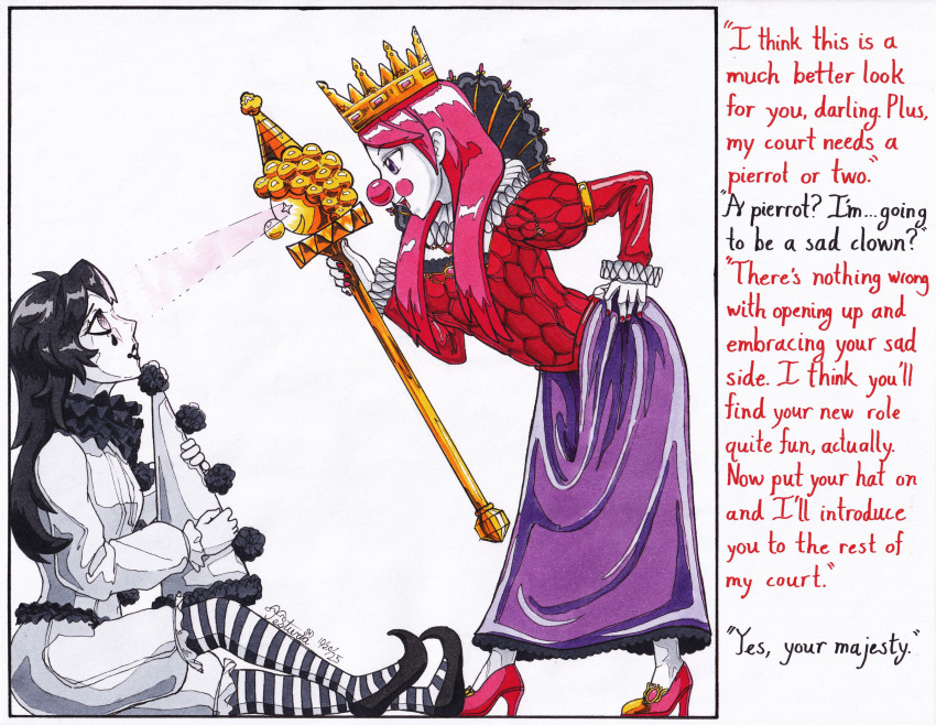 black_hair clown clown_girl clownification crown dialogue dress hat jesturia leggings pink_hair princess royalty staff tagme