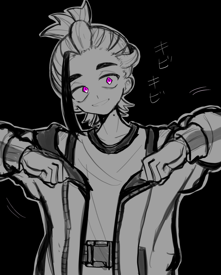 black_background chicken_pose clothed dancing dialogue eye_color_change happy_trance jacket japanese_text kieran_(pokemon) male_only malesub mochi_dance monochrome nintendo open_clothes pokemon pokemon_scarlet_and_violet purple_eyes simple_background slit_pupils smile solo tank_top text titara_1230 translation_request