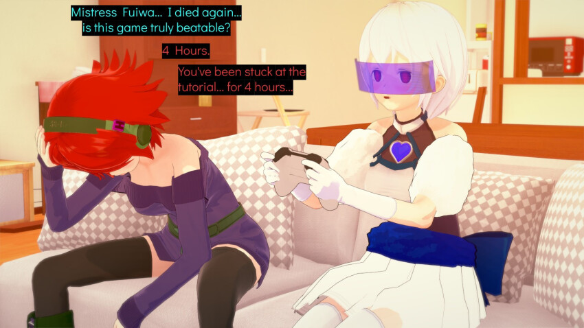 clothed cyan_stargazer_(character) cyanstargazer dialogue english_text female_only femdom femsub fuiwa game_controller headphones humor koikatsu! multiple_girls original red_eyes red_hair short_hair text visor white_hair
