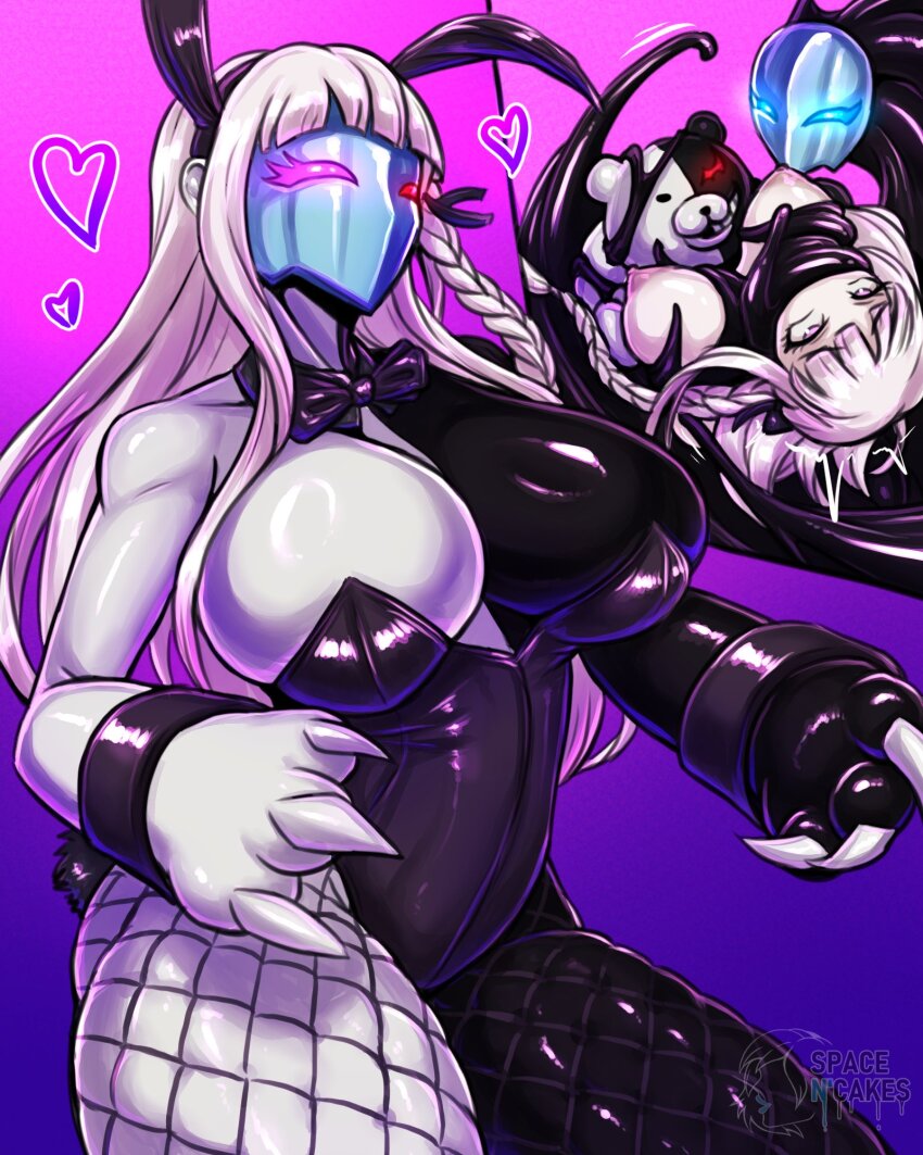 alternate_costume androgynous_dom androgynous_sub bare_breasts bear blue_eyes bodysuit bondage breasts bunny_ears bunny_girl corruption dangan_ronpa eye_color_change femsub fusion gag glowing_eyes heart heterochromia hypnotic_mask hypnotic_slime kyoko_kirigiri large_breasts latex living_costume long_hair mask monokuma nipples original persona_(series) persona_5 pink_background pink_eyes possession purple_background purple_eyes red_eyes restrained shadow_bunny simple_background slime spacen&#039;cake symbol tentacles tight_clothing transformation white_hair