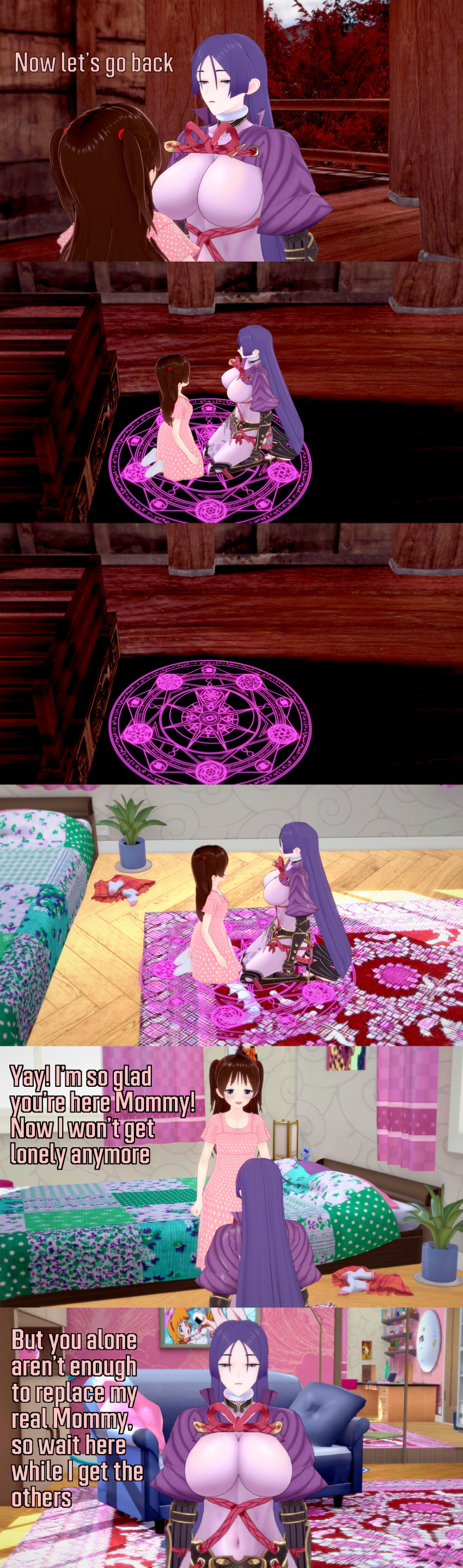 absurdres bed bedroom blue_eyes brown_hair clothed collar dialogue empty_eyes english_text expressionless fate/grand_order fate_(series) female_only femdom femsub long_hair milf minamoto_no_raikou pentagram purple_eyes purple_hair text zenin1