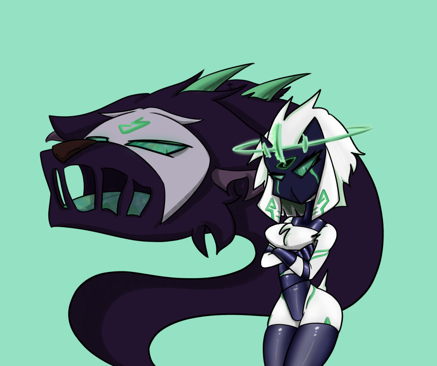 1000thousand_(thousand_night_festival) absurdres alternate_color_scheme alternate_costume aura body_markings control_indicator corruption crossed_arms crown eye_color_change facial_markings femsub furry gloves glowing green_background green_eyes kindred_(league_of_legends) league_of_legends maledom malesub mask open_mouth possession ruination simple_background thighhighs thighs tongue very_long_hair viego_(league_of_legends) white_hair wolf_boy