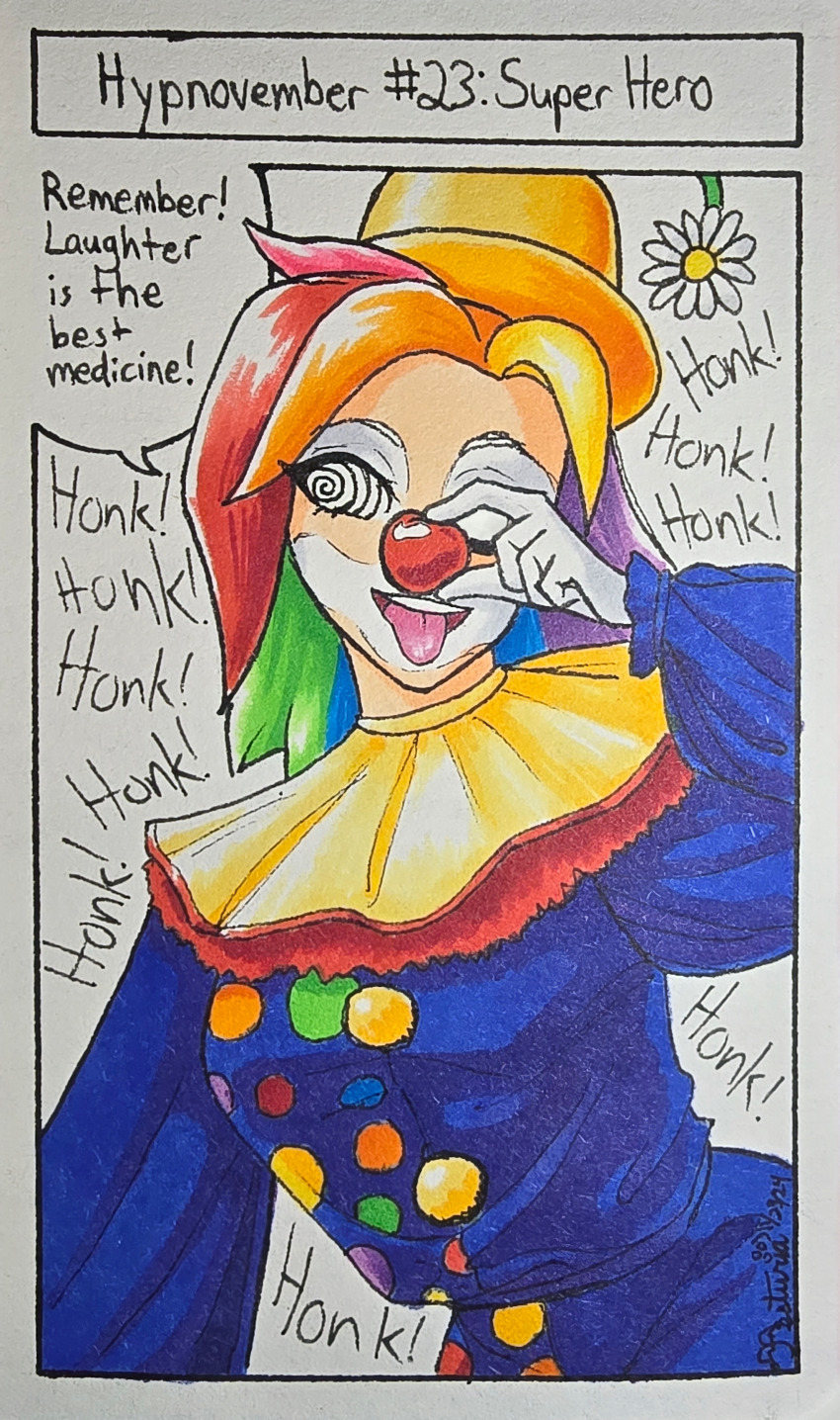 absurdres border clothed clown clown_girl clownification color consensual dialogue english_text face_paint female_only femsub gloves happy_trance hat jesturia mercy one_eye_open open_mouth overwatch rainbow_hair simple_background smile solo speech_bubble spiralwash_eyes tagme text tongue_out traditional white_background wink