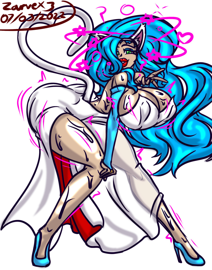 alternate_costume alternate_form arm_warmers bare_legs bare_shoulders bimbofication blowing_kiss blue_eyes breasts capcom cat_ears cat_girl cat_tail cleavage darkstalkers dress eyeshadow felicia_(darkstalkers) femsub green_eyes heart heart_eyes high_heels large_breasts leaning_forward legs lipstick long_hair makeup red_lipstick standing sweat symbol_in_eyes tail zarvex3