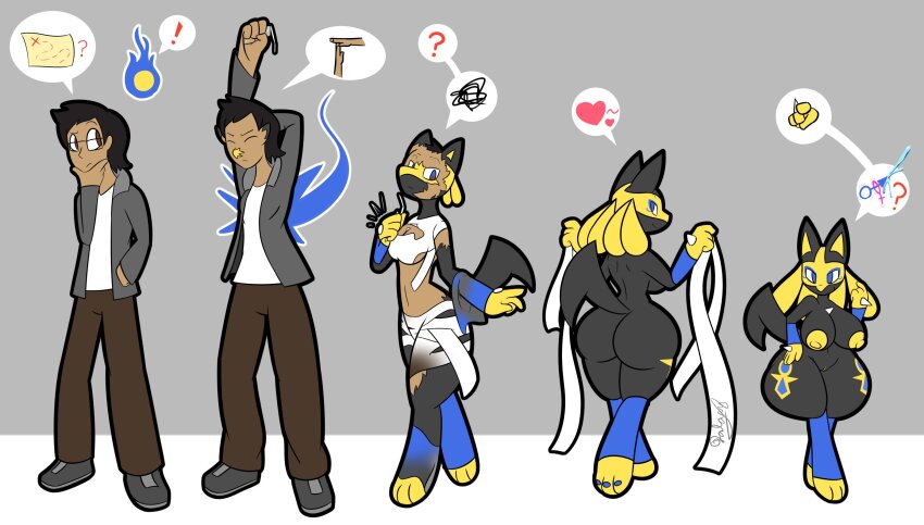 arms_above_head ass bandage before_and_after blue_eyes breast_expansion breasts brown_eyes closed_eyes confused d-6alaxy deiser_(deiser) eye_color_change femdom feminization heart jackal_ears jackal_girl large_ass large_breasts looking_at_viewer looking_back lucario malesub midriff navel nile_(d-6alaxy) nintendo nipples original pants pokemon pokemon_(creature) pokemon_diamond_pearl_and_platinum possession sequence shirt shoes short_hair shrinking simple_background speech_bubble standing symbol thick_thighs thighs torn_clothes transformation transgender