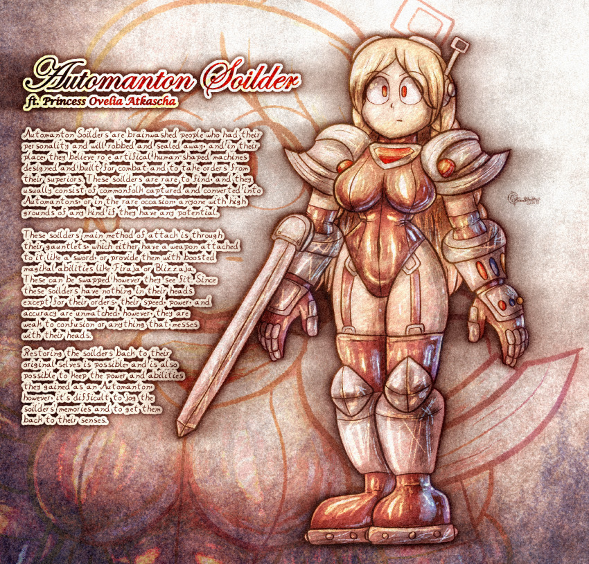 ameerashourdraws antenna armor blonde_hair boots color female_only femsub final_fantasy final_fantasy_tactics gauntlets goggles_on_head latex leotard princess_ovelia red_eyes shoulder_pads square_enix sword text