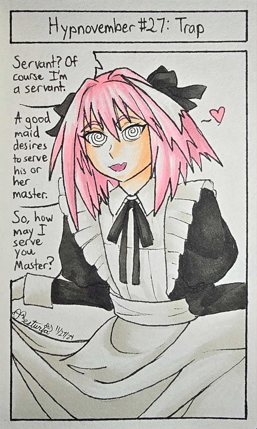 absurdres astolfo_(fate/grand_order) color dialogue fangs fate/grand_order fate_(series) femboy gloves hair_ribbon happy_trance hypnovember jesturia long_hair looking_at_viewer maid male_only malesub open_mouth pink_hair signature simple_background smile solo speech_bubble spiralwash_eyes standing tagme text traditional