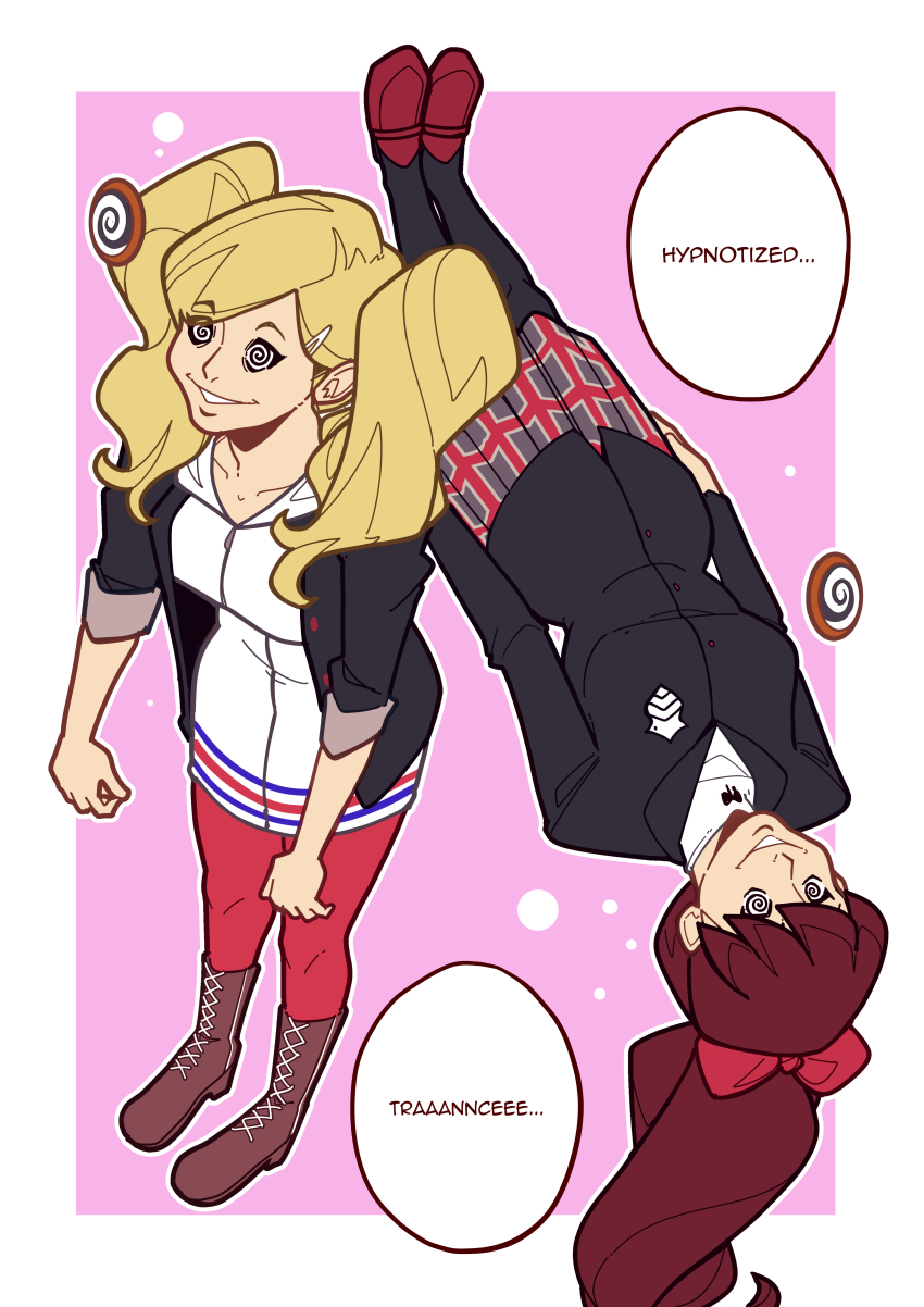 ann_takamaki blonde_hair catalepsy dialogue efalabrino happy_trance hypnotic_accessory levitation pendulum persona_(series) persona_5 persona_5_royal ponytail red_hair slouching spiral_eyes sumire_yoshizawa twintails