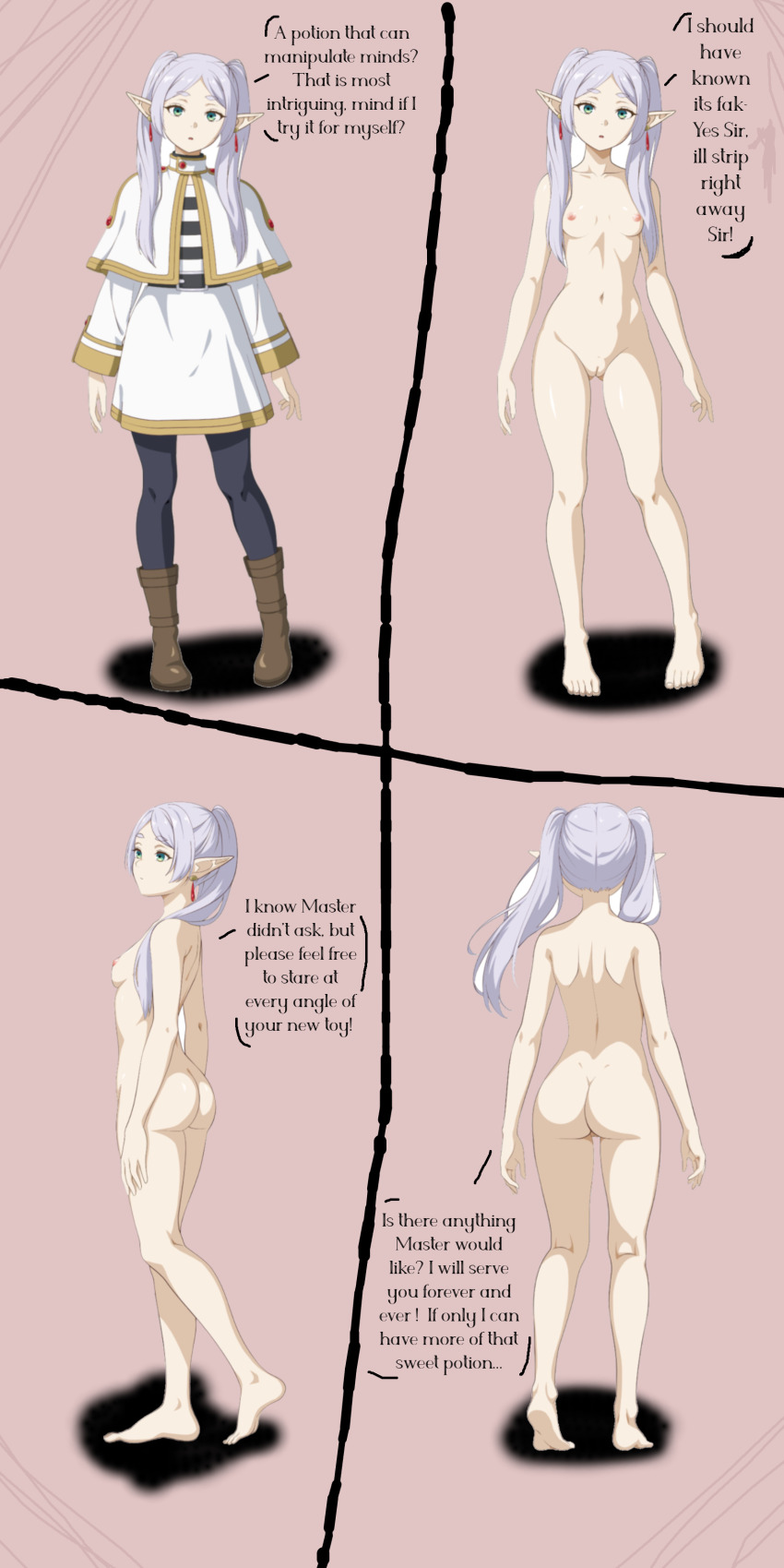 barefoot caption cloak elf elf_ears empty_eyes feet female_only femsub frieren frieren:_beyond_journey&#039;s_end text