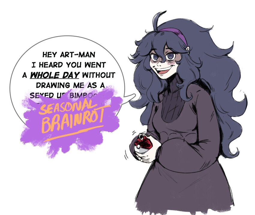 ahoge before_and_after bimbofication black_nail_polish clothed comic female_only hair_band halloween hex_maniac humor long_hair nail_polish nintendo pokeball pokemon purple_hair redfred sequence simple_background smile solo standing text transformation white_background