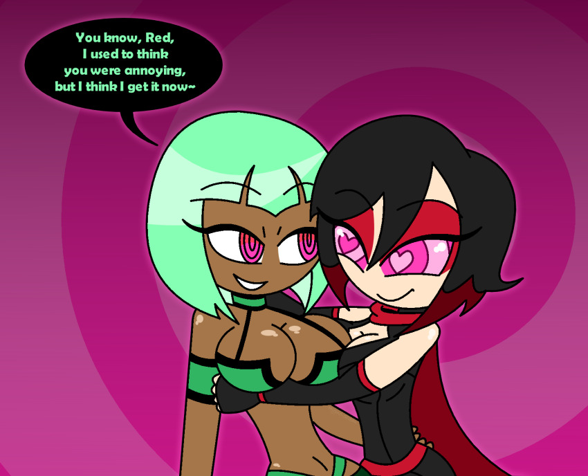 alternate_costume bare_shoulders belt black_hair bra breast_press breasts cape cleavage cleavage_cutout emerald_sustrai eyebrows_visible_through_hair eyelashes eyeshadow female_only femdom femsub fingerless_gloves gloves gradient_background green_hair happy_trance heart heart_eyes hug huge_breasts hypnoscream love midriff multicolored_hair navel opera_gloves pink_background red_eyes ruby_rose rwby shiny_hair shiny_skin short_hair simple_background smile speech_bubble symbol_in_eyes text yuri