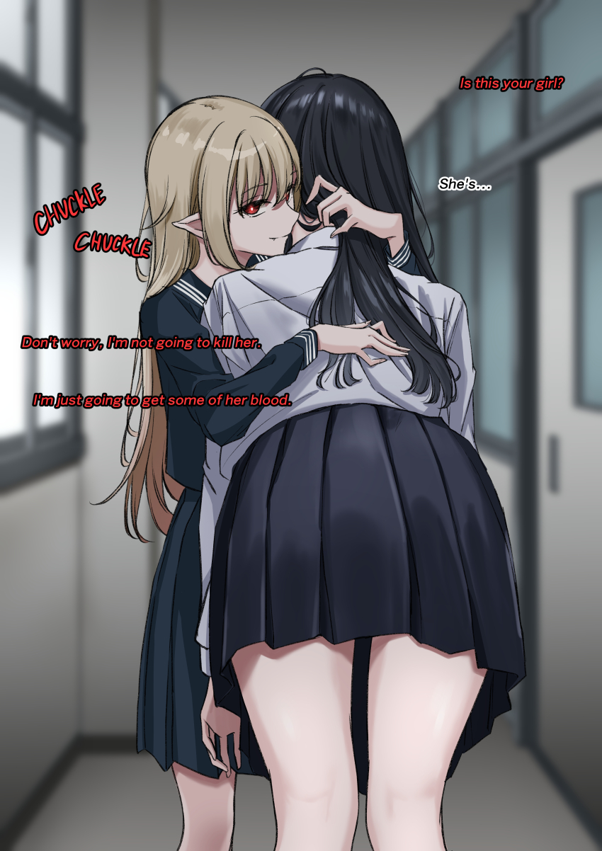 absurdres ass bangs blonde_hair bow_tie breasts comic dialogue elf_ears expressionless fangs female_only femdom femsub glowing glowing_eyes hug hypnotic_eyes large_breasts leaning_forward long_hair looking_at_viewer original pov red_eyes school_uniform size_difference skirt slit_pupils slouching small_breasts smile straight-cut_bangs text utsuro_butai vampire