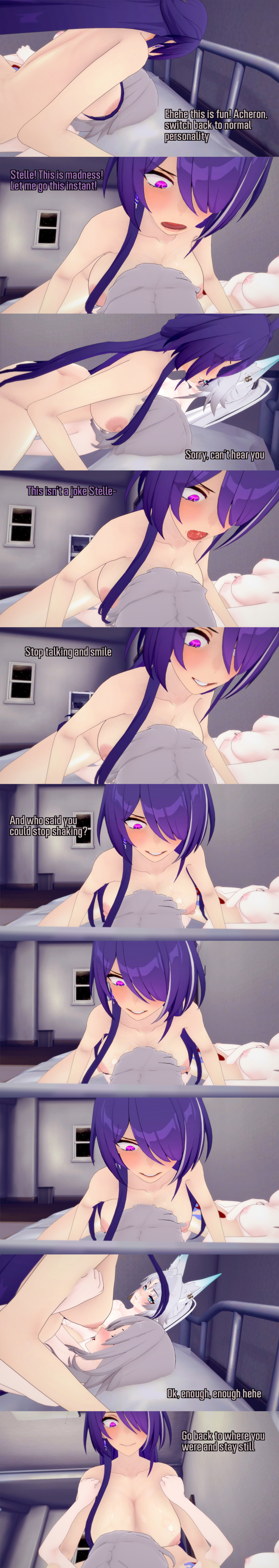 absurdres acheron_(honkai_star_rail) angry animal_ears aware bed bedroom blue_eyes body_control breasts brown_eyes closed_eyes cum cum_on_face dialogue english_text feixiao_(honkai_star_rail) female_only femdom femsub fox_ears fox_girl grey_hair hair_covering_one_eye honkai_star_rail long_hair multiple_girls multiple_subs nipples nude pink_eyes purple_hair short_hair smile stelle_(honkai_star_rail) text white_hair yuri zenin1