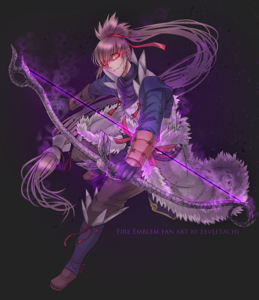 absurdres anankos_(fire_emblem) angry aura bow brown_hair clothed corruption dragon eeveetachi english_text eye_color_change fire_emblem fire_emblem_fates gloves glowing_eyes male_only maledom malesub nintendo ponytail possession prince red_eyes shoes simple_background spoilers takumi_(fire_emblem) text very_long_hair weapon