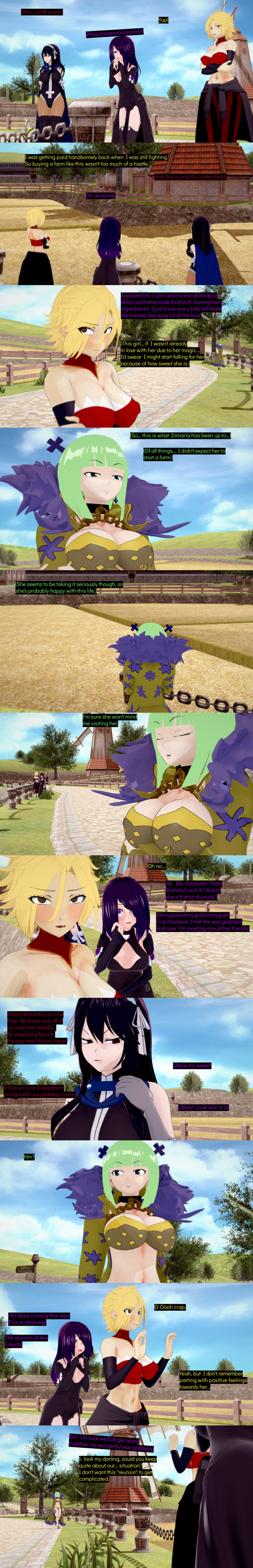 absurdres black_eyes black_hair blonde_hair blue_eyes brandish_q_(fairy_tail) clothed cyanstargazer dialogue dimaria_yesta english_text fairy_tail female_only femdom femsub green_hair hair_covering_one_eye long_hair multicolored_eyes multiple_girls multiple_subs purple_eyes red_eyes short_hair text ultear_milkovich