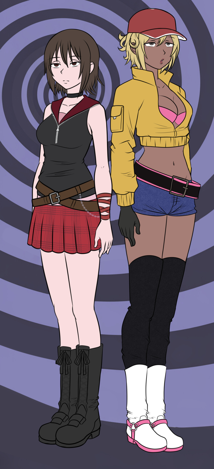 belt blonde_hair boots brown_eyes brown_hair cindy_aurum cleavage clothed collarbone dazed empty_eyes expressionless female_only femsub final_fantasy final_fantasy_xv gloves hat iris_amicitia jacket katsiika midriff multiple_girls multiple_subs navel open_mouth short_hair shorts skirt spiral_background standing tan_skin