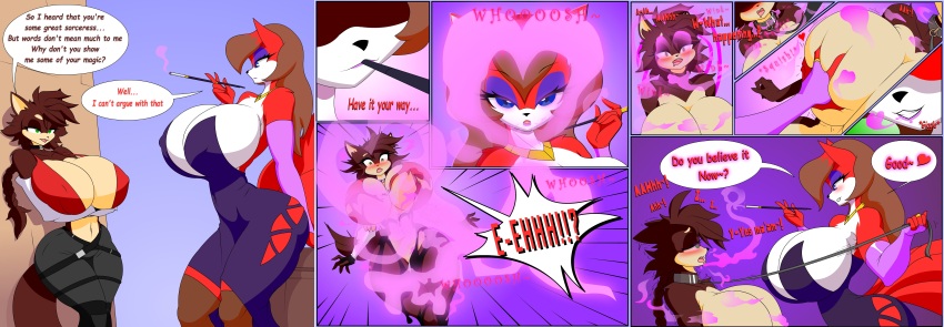 absurdres breast_expansion breasts character_request collar copyright_request corruption dazed dialogue english_text eyeshadow female_only femdom femsub furry gloves heart huge_breasts hypnotic_magic hypnotic_smoke leash magic makeup midriff navel opera_gloves pink_eyes pinrobotkit smoke speech_bubble tagme text transformation yuri